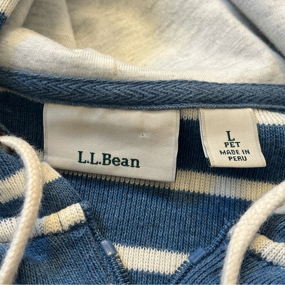 LL Bean Sweater Womens Large Petite Blue White Stripes Hood Cardigan Zip Knit - Picture 3 of 9